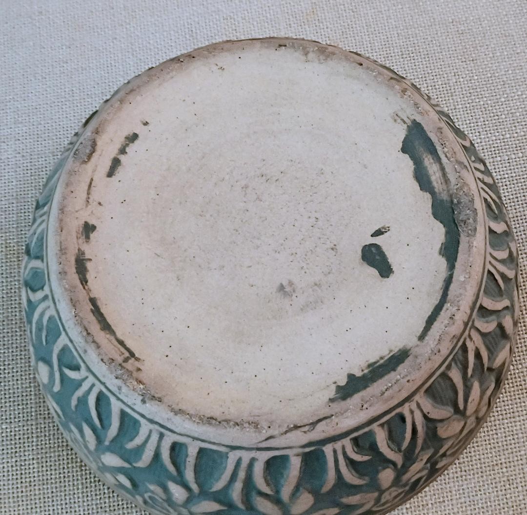 ANTIQUE 1920 ROBINSON RANSBOTTOM LUXOR DAFFODIL GREEN ART POTTERY LOW BOWL