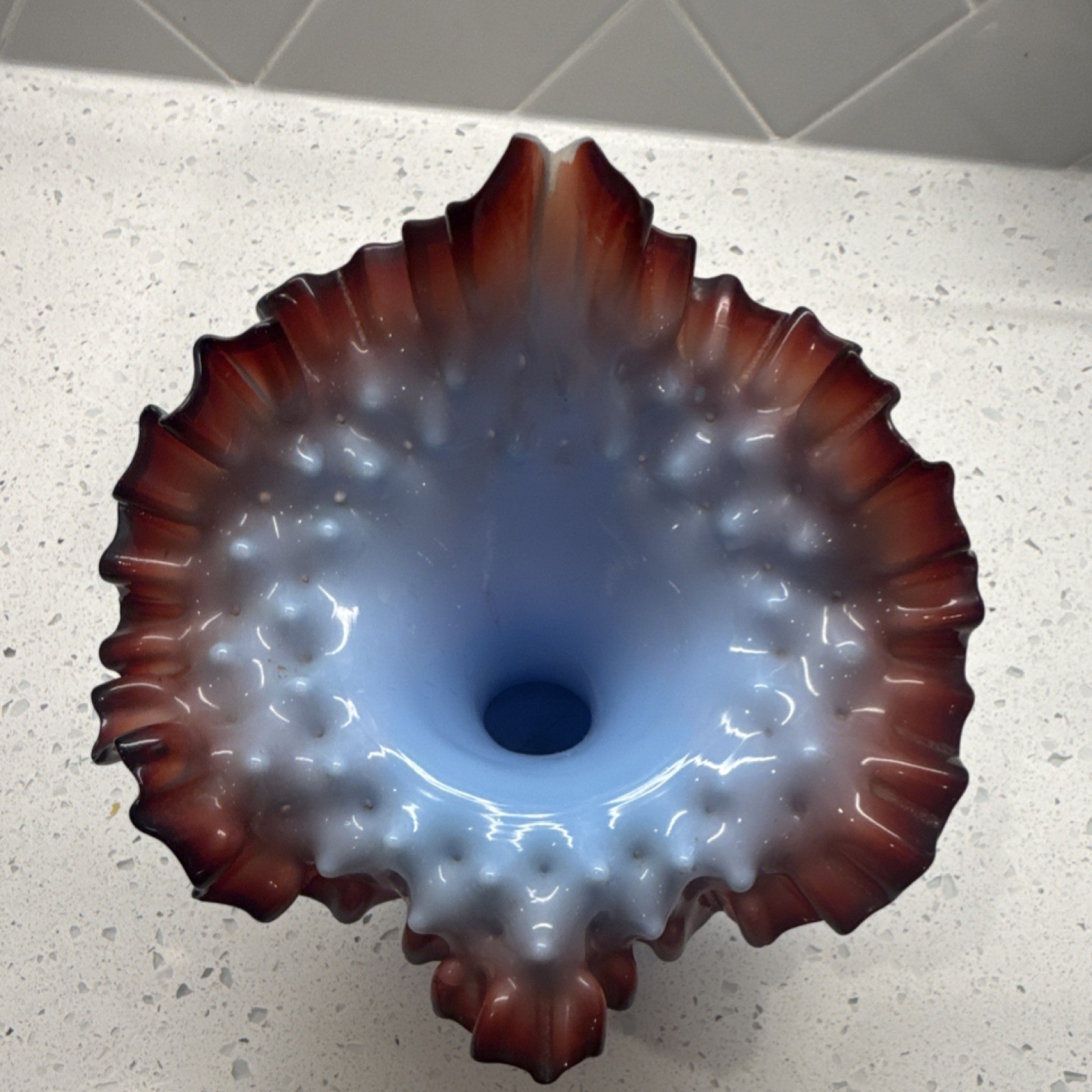 Art Glass Blue Brown White Ruffled Edge Vase Decorative Glossy
