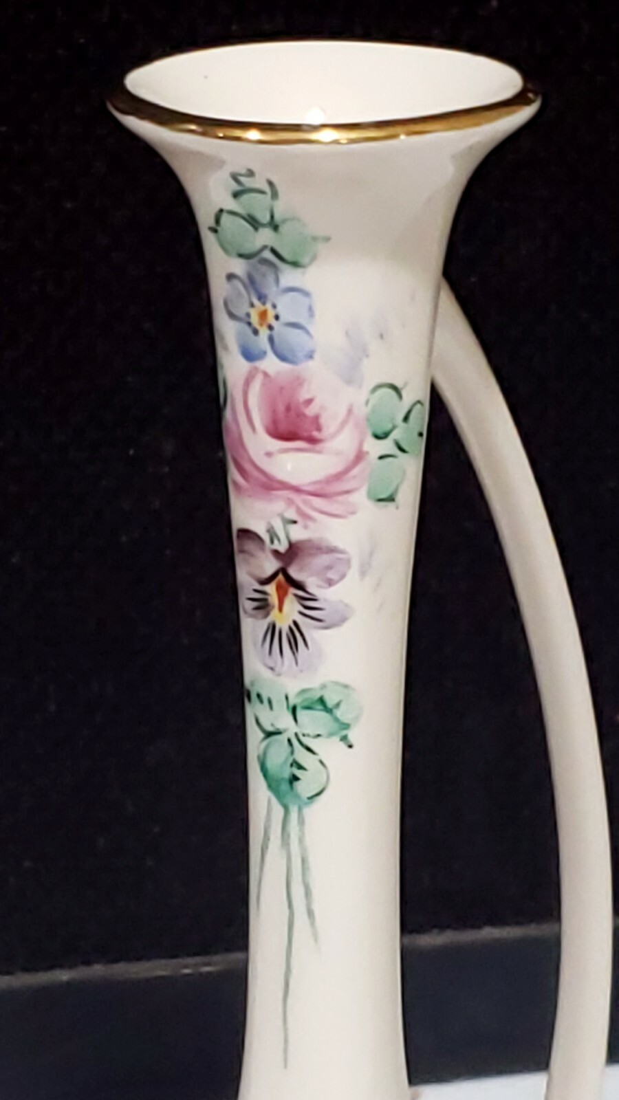 Kaolena California Porcelain Pitcher Bud Vase PInk with Handpainted Flowers Gold