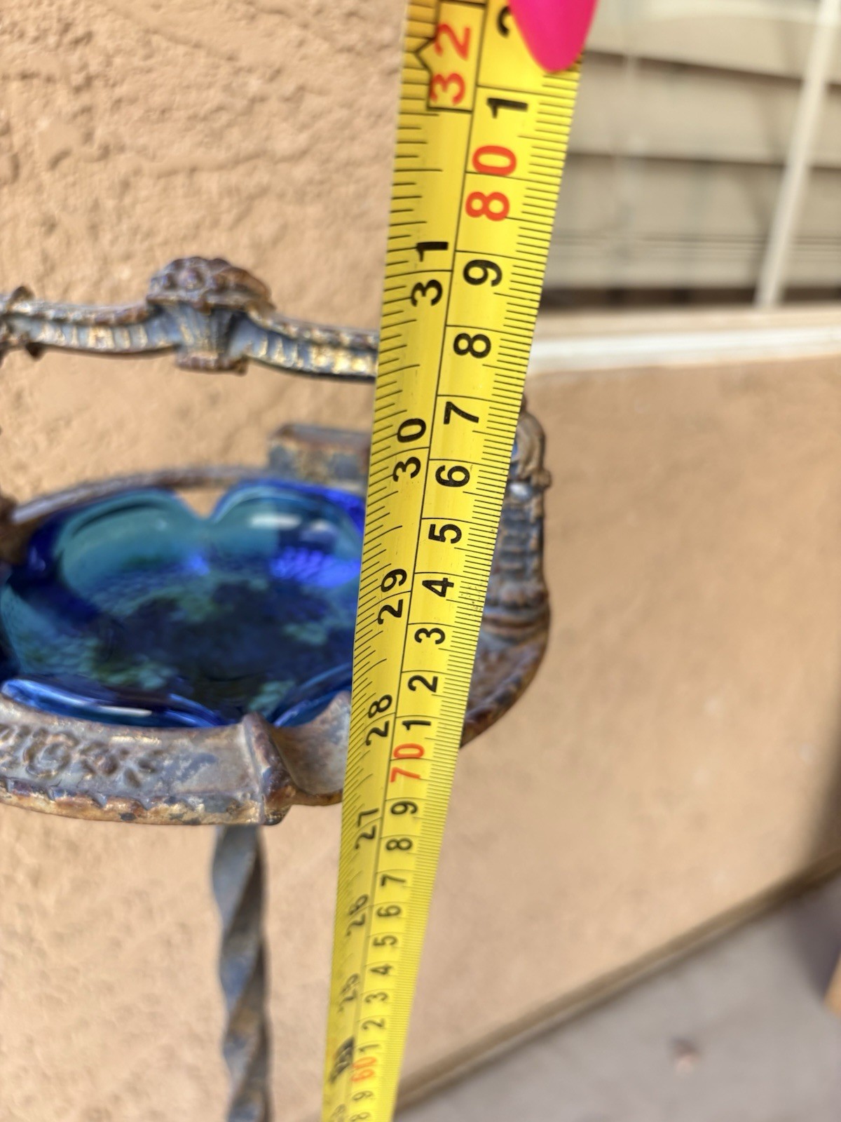 GORGEOUS Vintage ORNATE Art Nouveau Ashtray Stand Cast Iron Blue Glass Flowers!