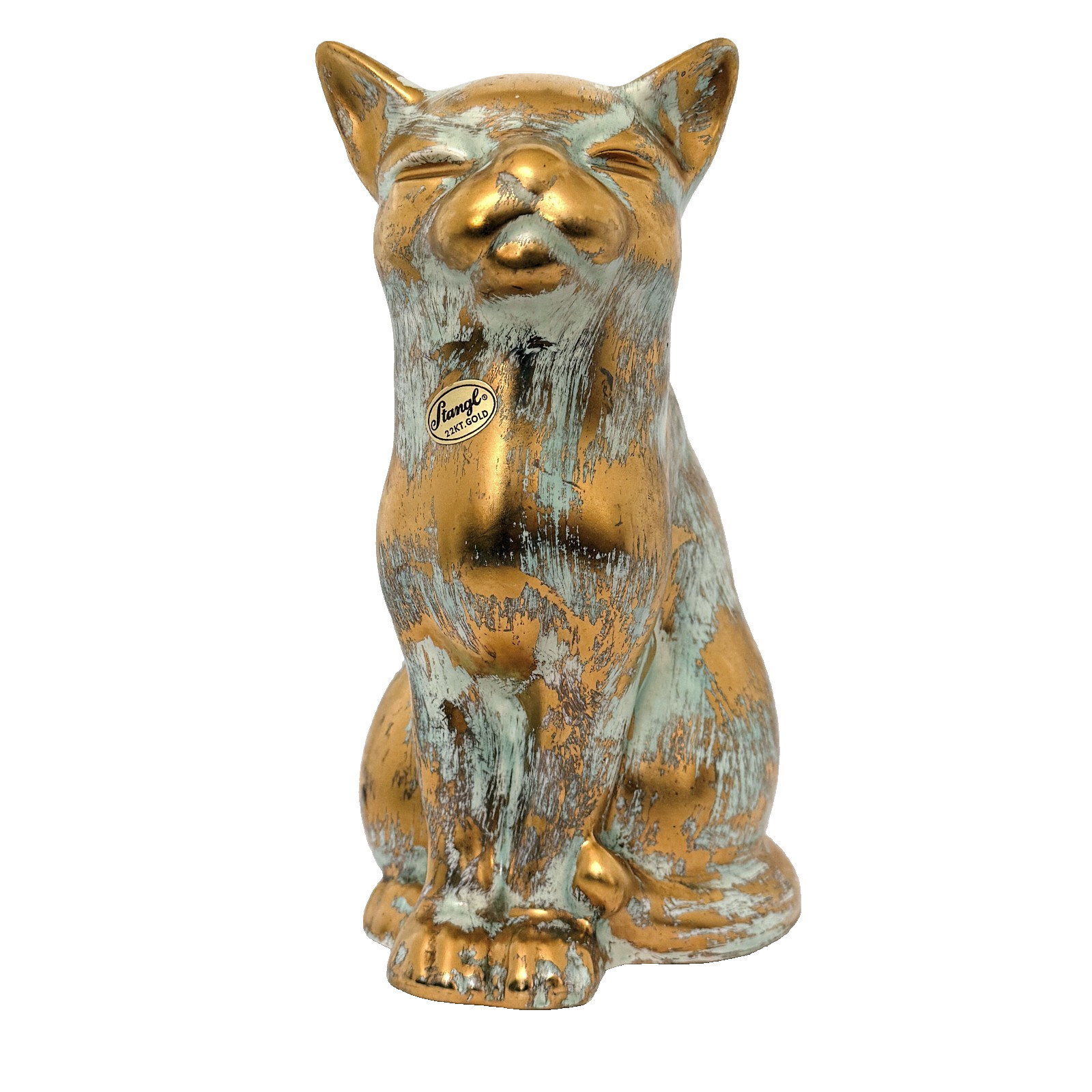 Rare Stangl Pottery 8.5″ Antique Gold Cat Figurine w Label – Tiny Glaze Nick Ear