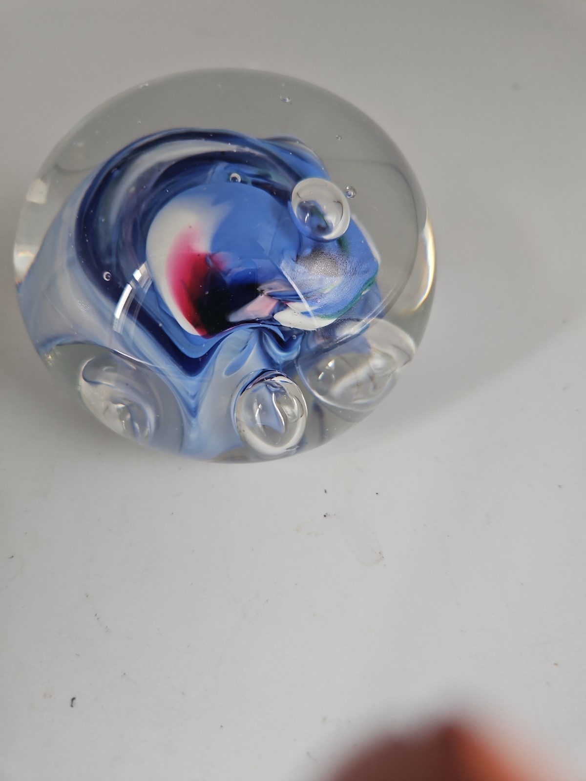Rollin Karg Art Glass Signed Paperweight Blue Disc Dichroic Sphere Spaceship