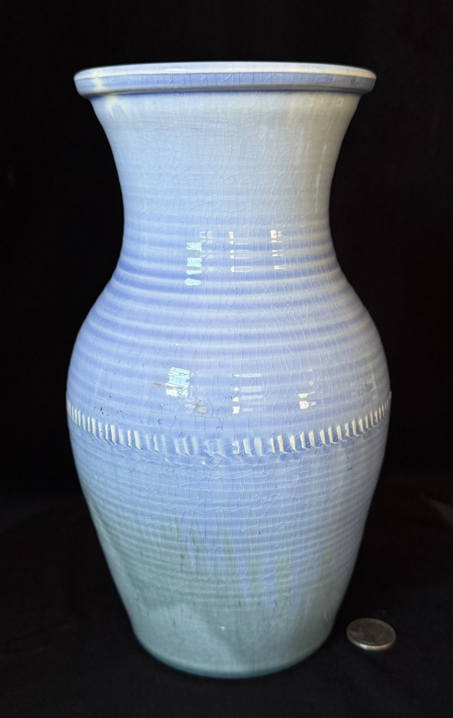 MOORCROFT NATURAL LUSTRE LIGHT BLUE RIBBED VASE ART POTTERY 10.5 In c1930 As Is