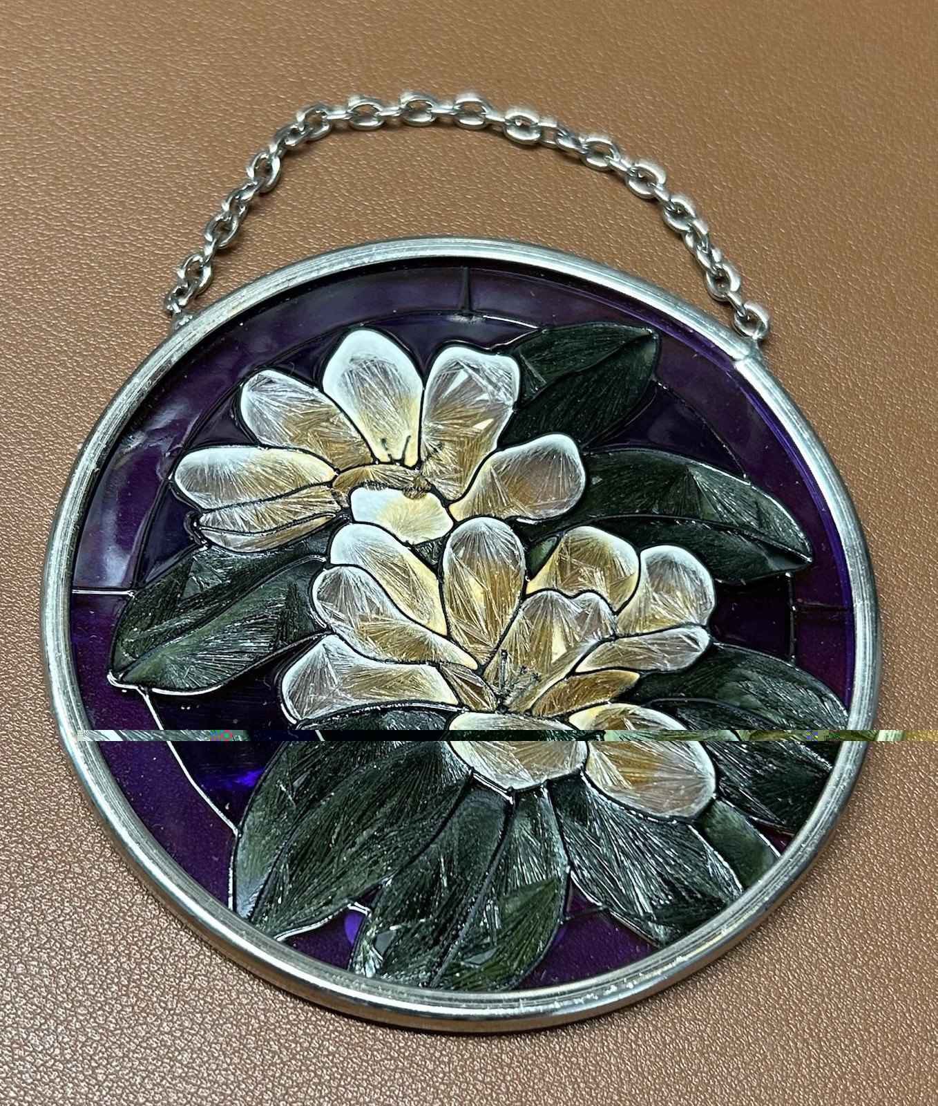 Amia Stained Glass Purple And Yellow Painted Flowers Round Hanging Decor 3.25 in