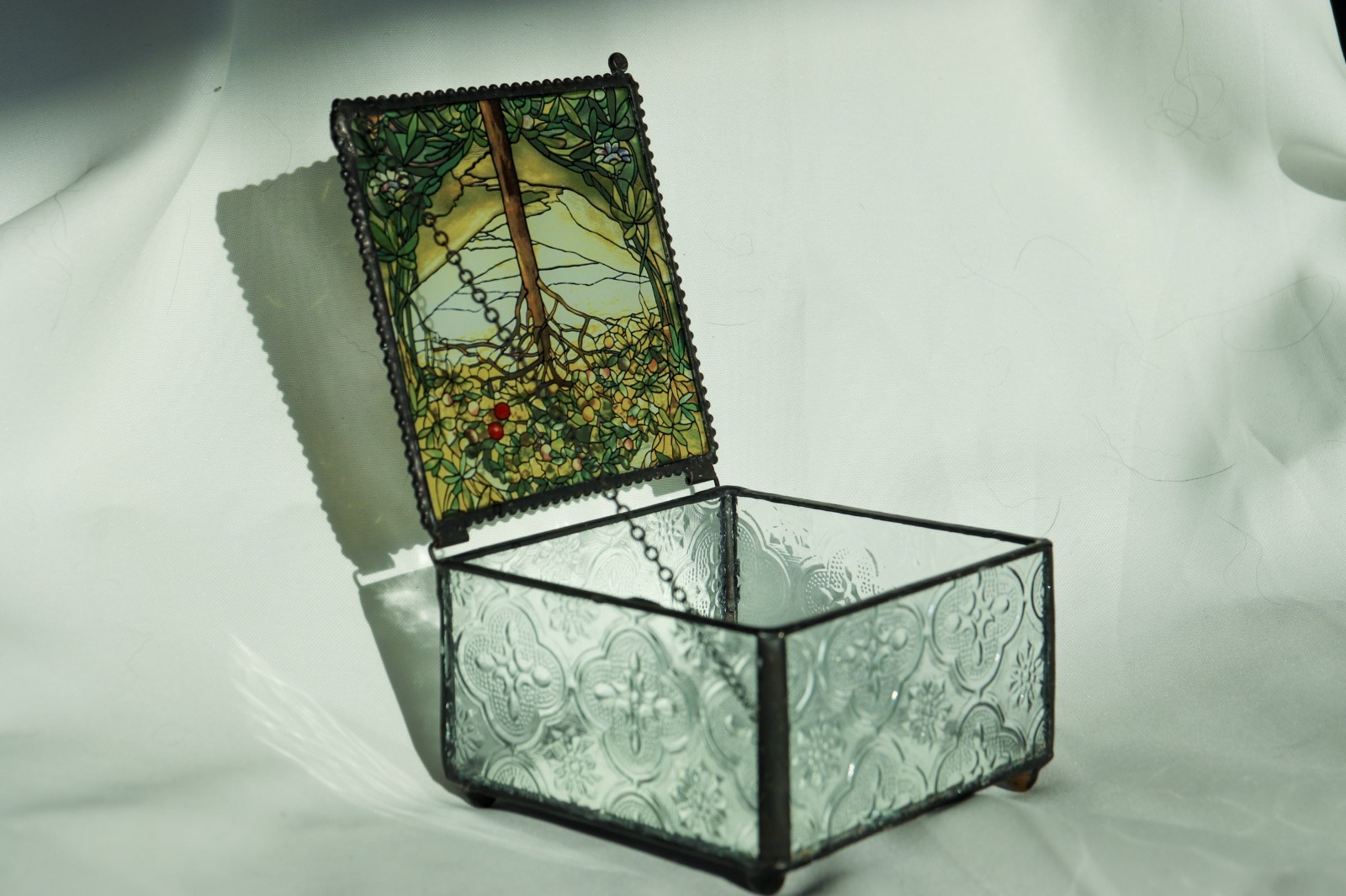 Tiffany Style Tree Of Life Stained Glass Art Jewelry Trinket Box Mirrored Bottom