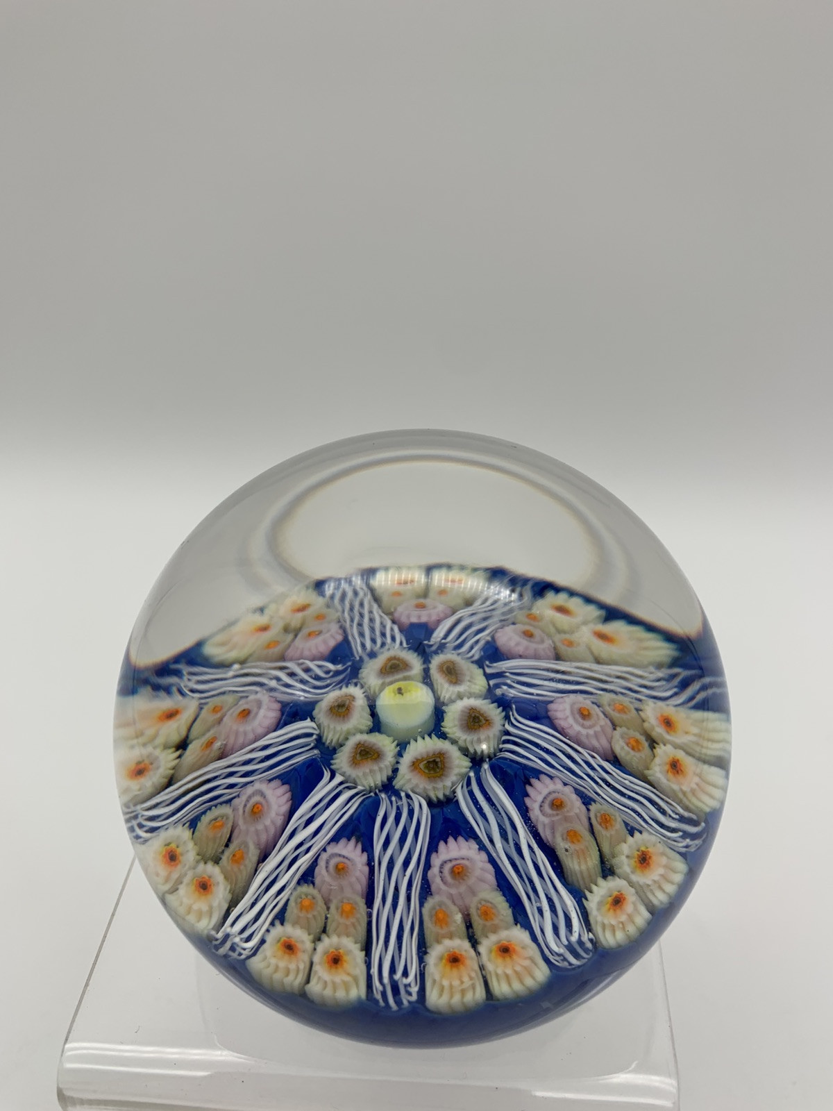 3″ Strathearn Glass Scotland Millefiori 9 Spoke Latticino Paperweight