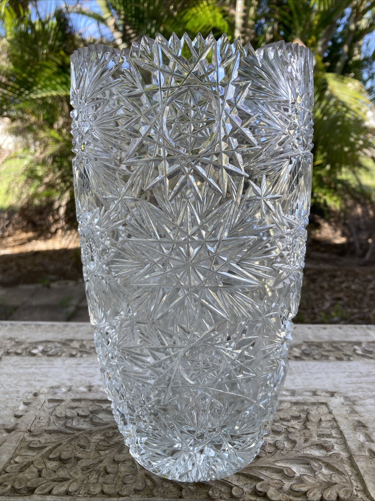 Czech Bohemian Cut Crystal Glass Starburst Sharp Sawtooth 10″ Vase * XLNT!