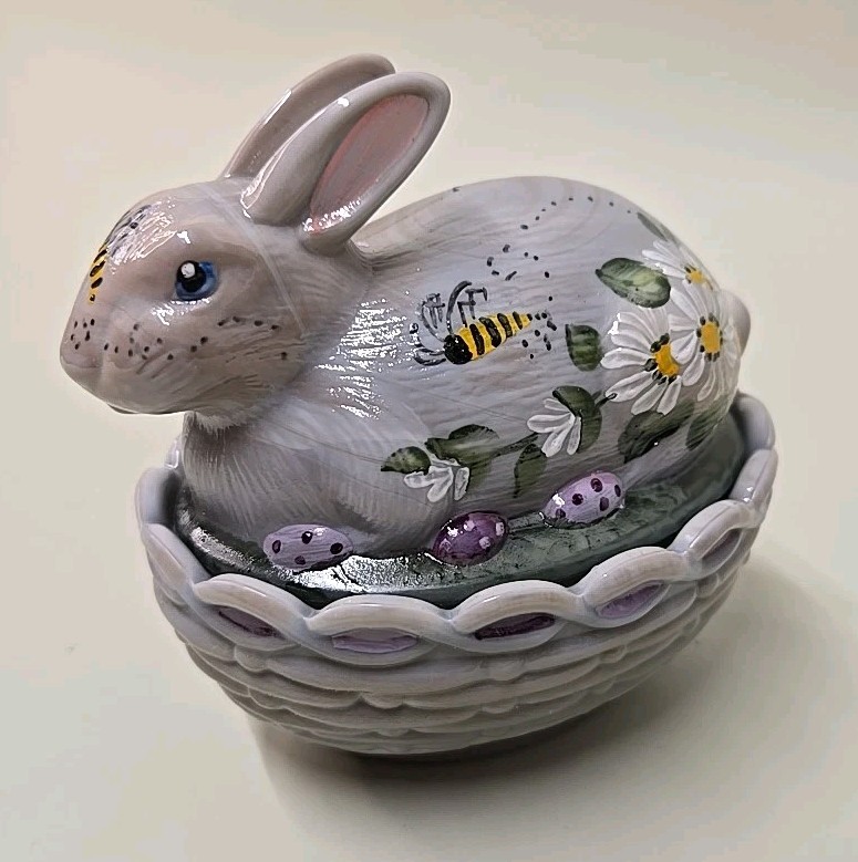 Mosser Glass Bunny on Basket Marble Hand-Painted Bees Easter Spring