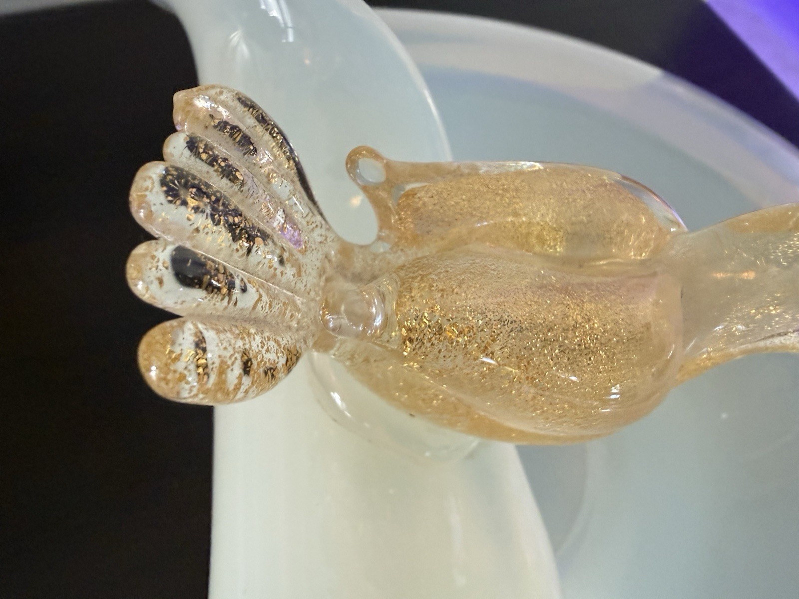 Mid 20th Century Murano Attributed Opalescent Glass Bowl Perchin Gold Fleck Bird