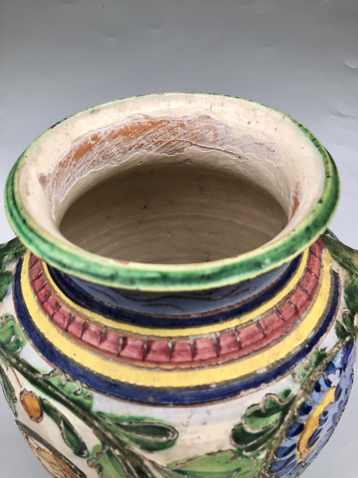 Vintage Italian Majolica Sgrafitto Polychrome Terracotta Pottery Vase READ