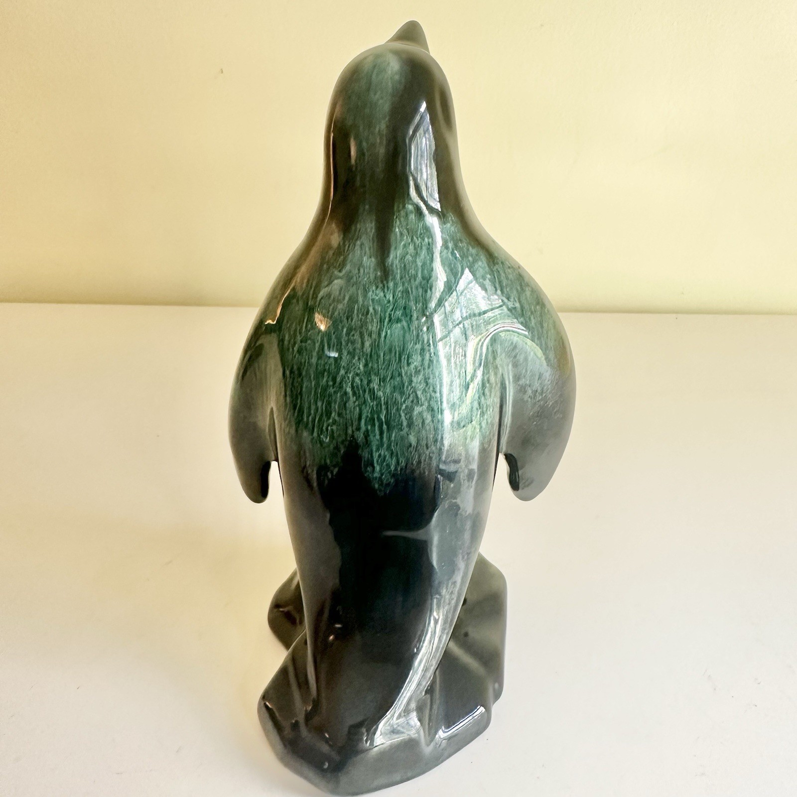Vintage Blue Mountain Pottery Penguin Figurine Green Black Drip Glaze MCM 8”