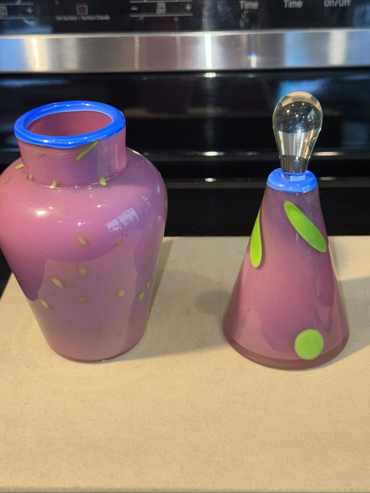 Signed Lavender Art Glass Perfume Bottle & Vase Dresser Set w/Green/Blue Accents