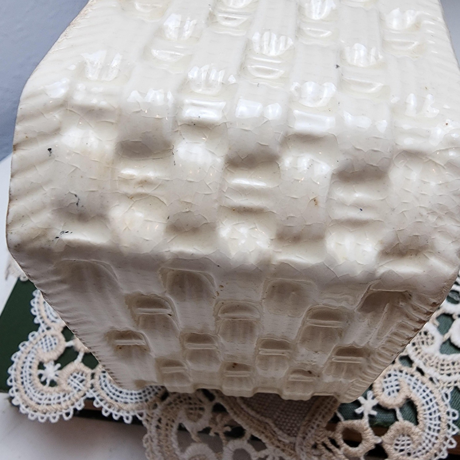 Vintage Basket Weave Porcelain Box with Rosette Lid, Cream Crackling