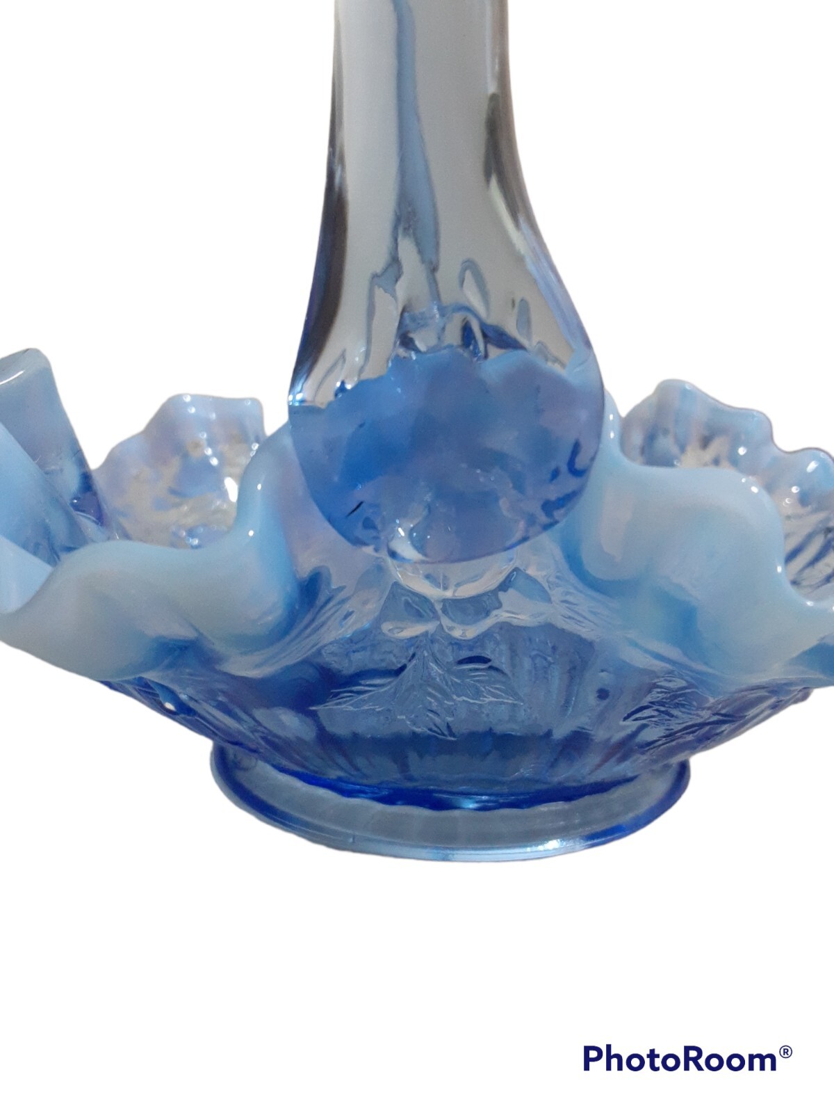Fenton Glass Bride Basket Raffled Lavender Blue Opalescent Cabbage Rose Vintage