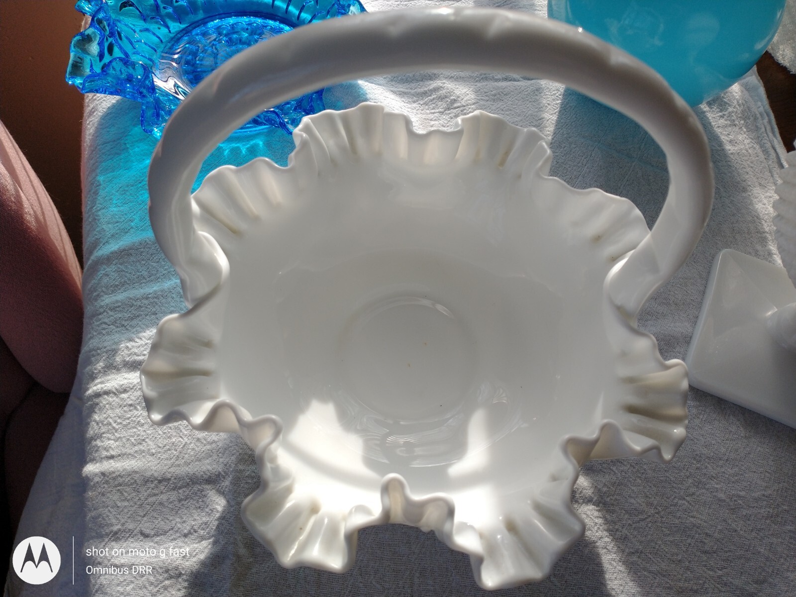 Fenton Rose Milk Glass Handled Basket 8 5/8″ Dia. 8 1/4″ Height Vintage