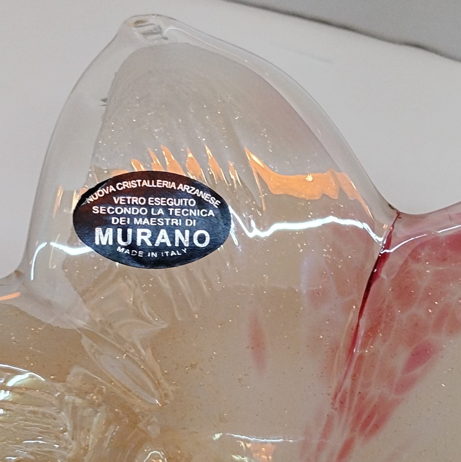 Murano Art Glass Flower Vase Clear White Pink Gold Glossy, Made in Italy