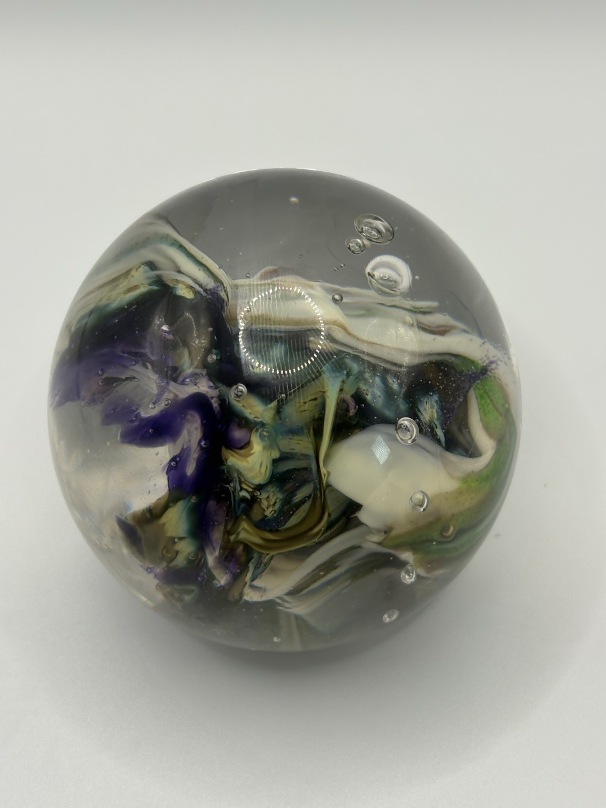 Signed Studio Art Glass Iris Paperweight Floral Sphere Dated 2018 Fireworks