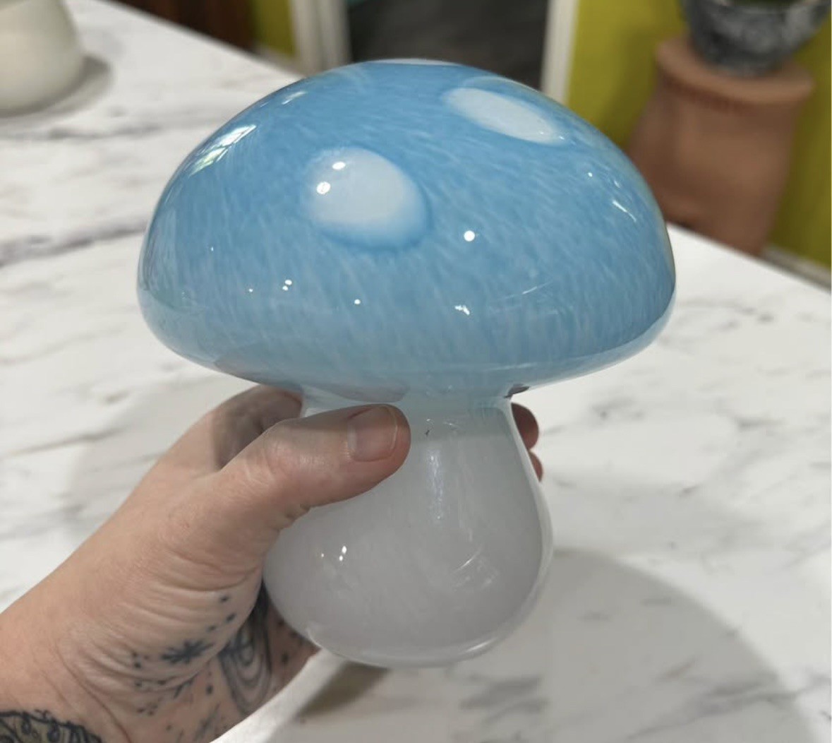 Hand Blown Art Glass Blue Spotted Mushroom