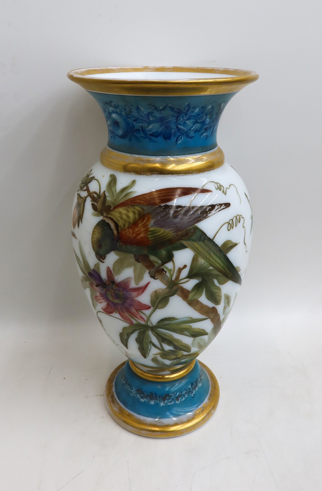 Baccarat French White Opaline Glass Hand Painted Swallows Birds Vase c1900