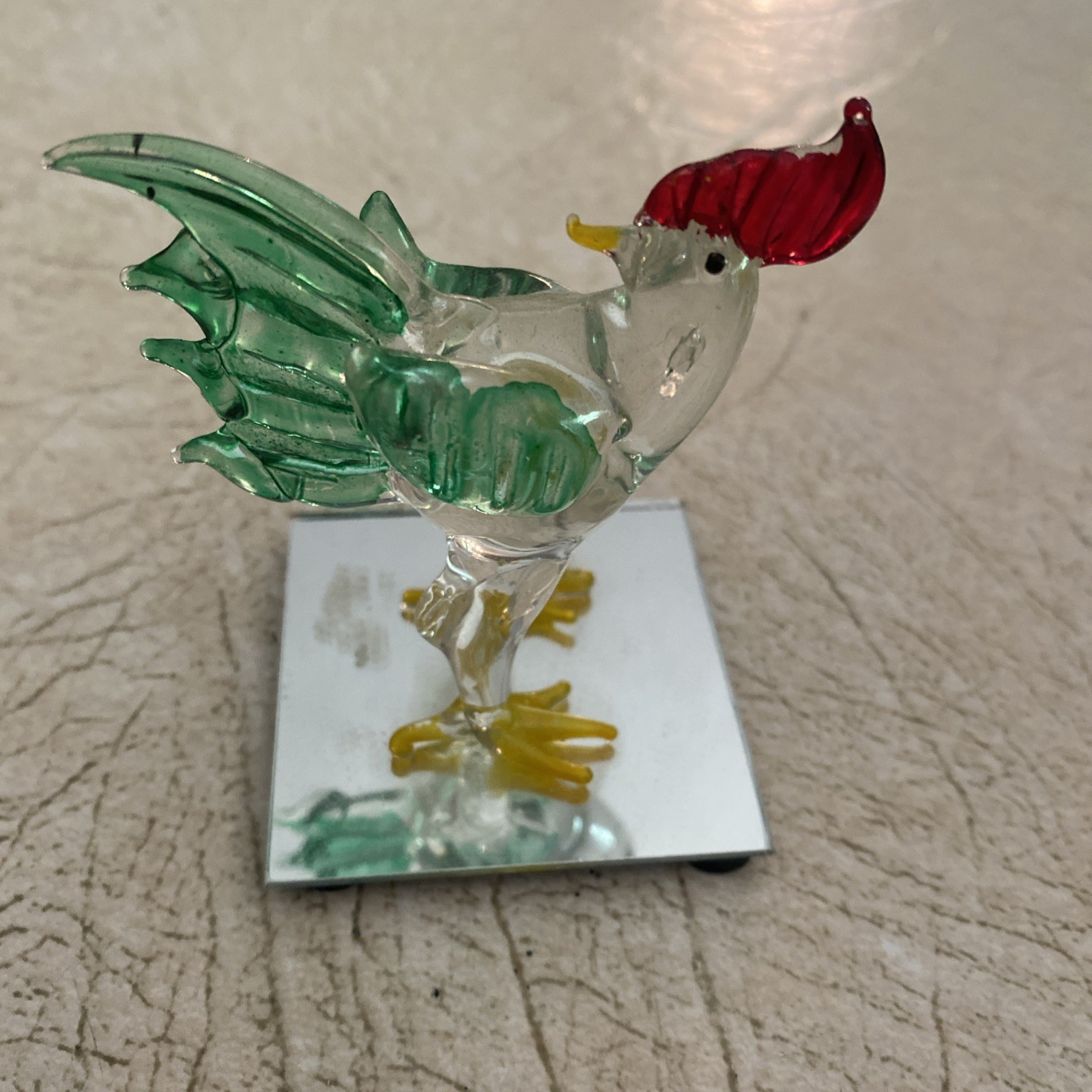 Cute Small Art Glass Rooster/ Chicken Figurine on Mirror Base 2 1/2” Tall in EUC