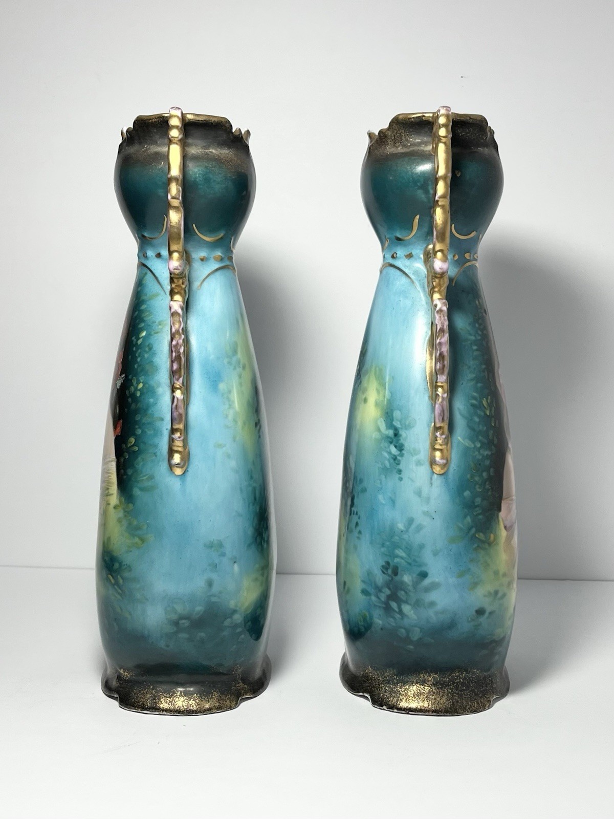 1890s Victoria Carlsbad Austria Art Nouveau 2 Art Nouveau Portrait Vases 11 5/8”