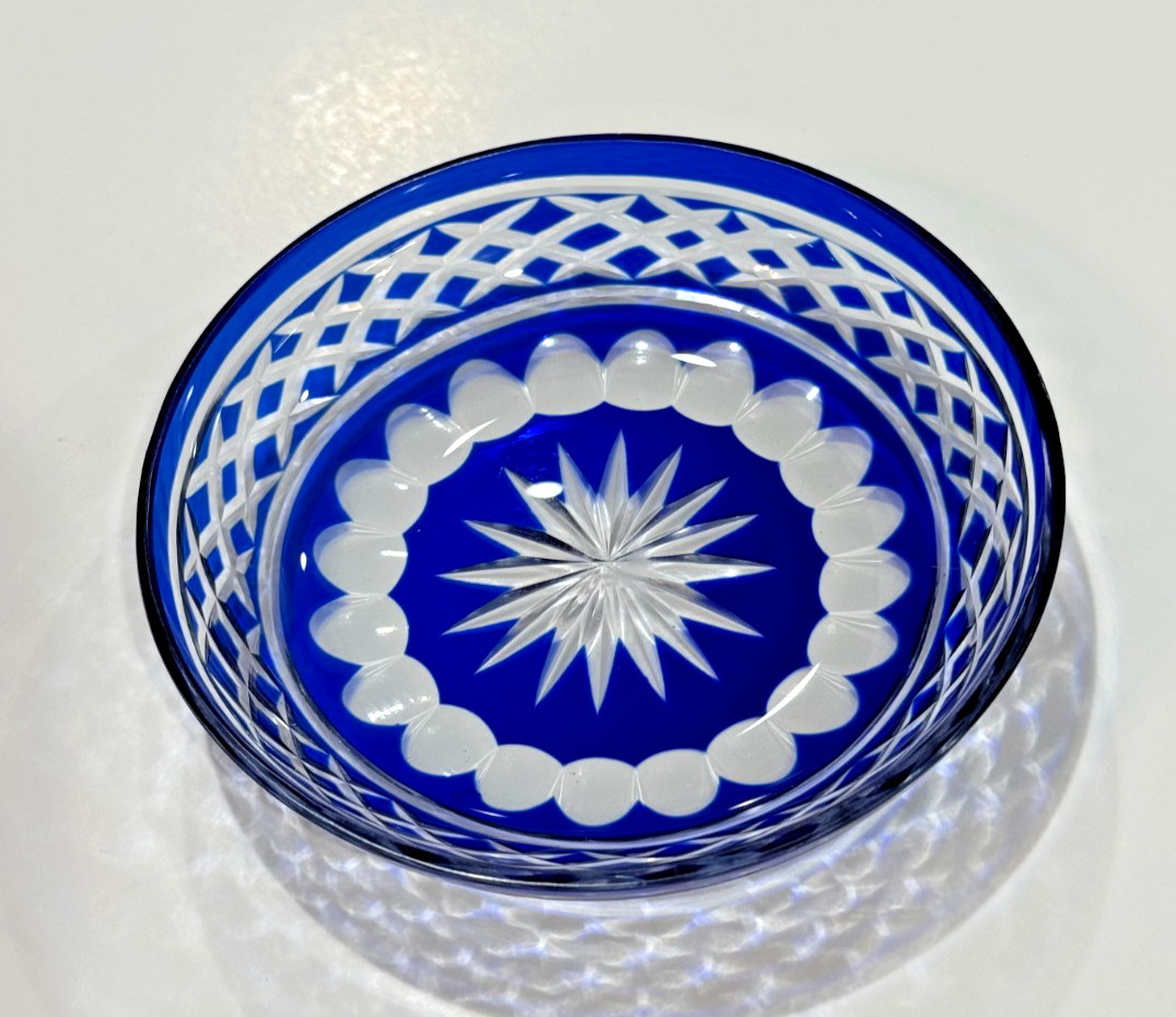 Vtg Cobalt Blue Cut to Clear Coin Dot Heavy Crystal Coaster Small Bowl 4.25″