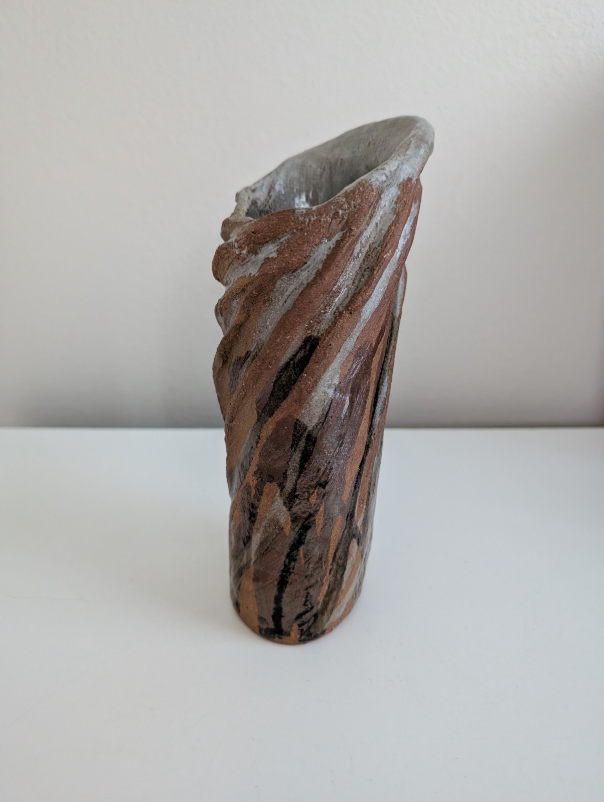 Art pottery vase textured wabi-sabi twisted coils rustic primitive brown grey
