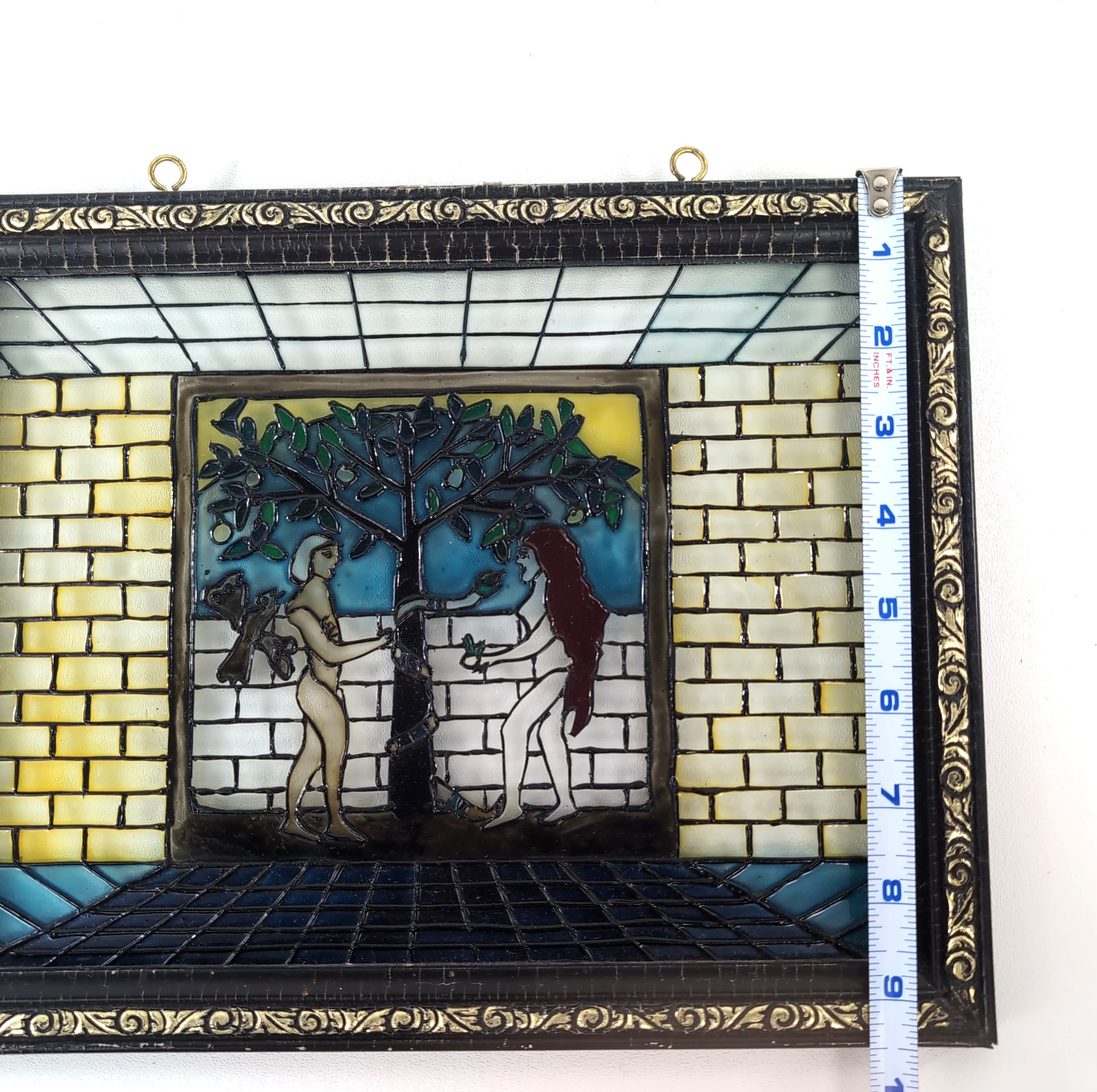 VTG Hand Painted Faux Stained Glass Window Panel Suncatcher Adam Eve Bible Tree