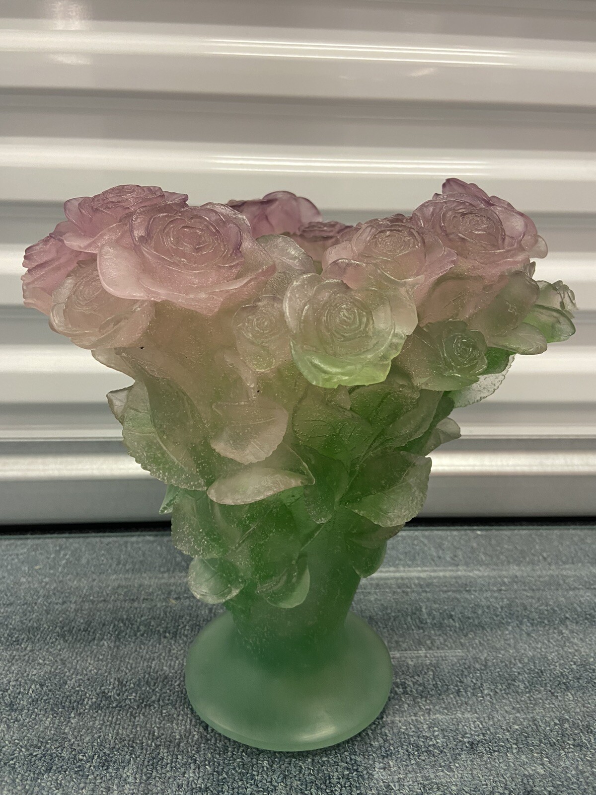 Daum France Pate De Vere Crystal “Roses” LARGE Vase 11.75” H Pink & Green RARE!