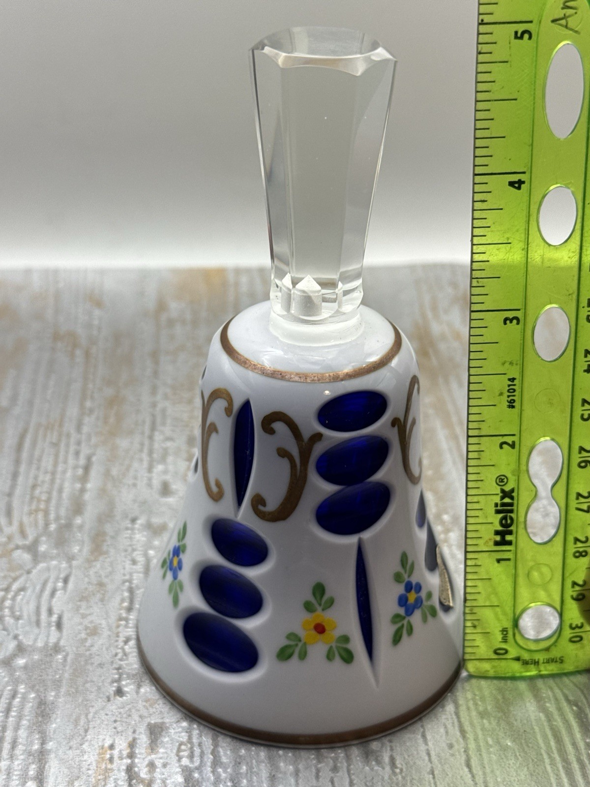 VTG Bohemian Hand-painted, Cut Glass Bell Made In Czechoslovakia, Blue