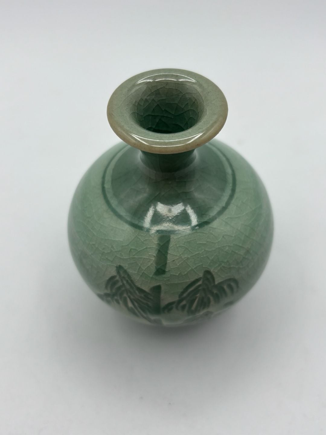 Miniature Celadon Green Crackle Glaze Pottery Vase with Hand-Painted Orchid Moti
