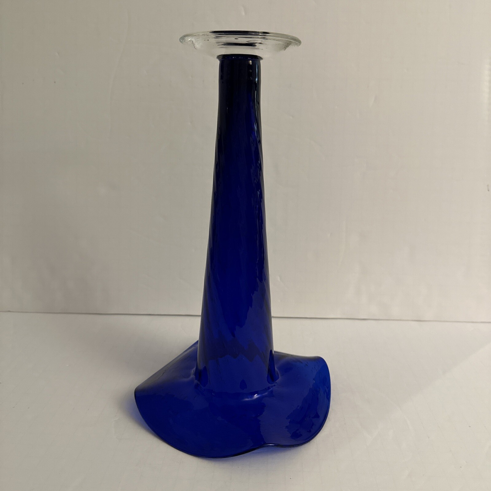 Handcrafted Cobalt Blue Blown Glass Swirl Lily Vase With Clear Base & Bubbles