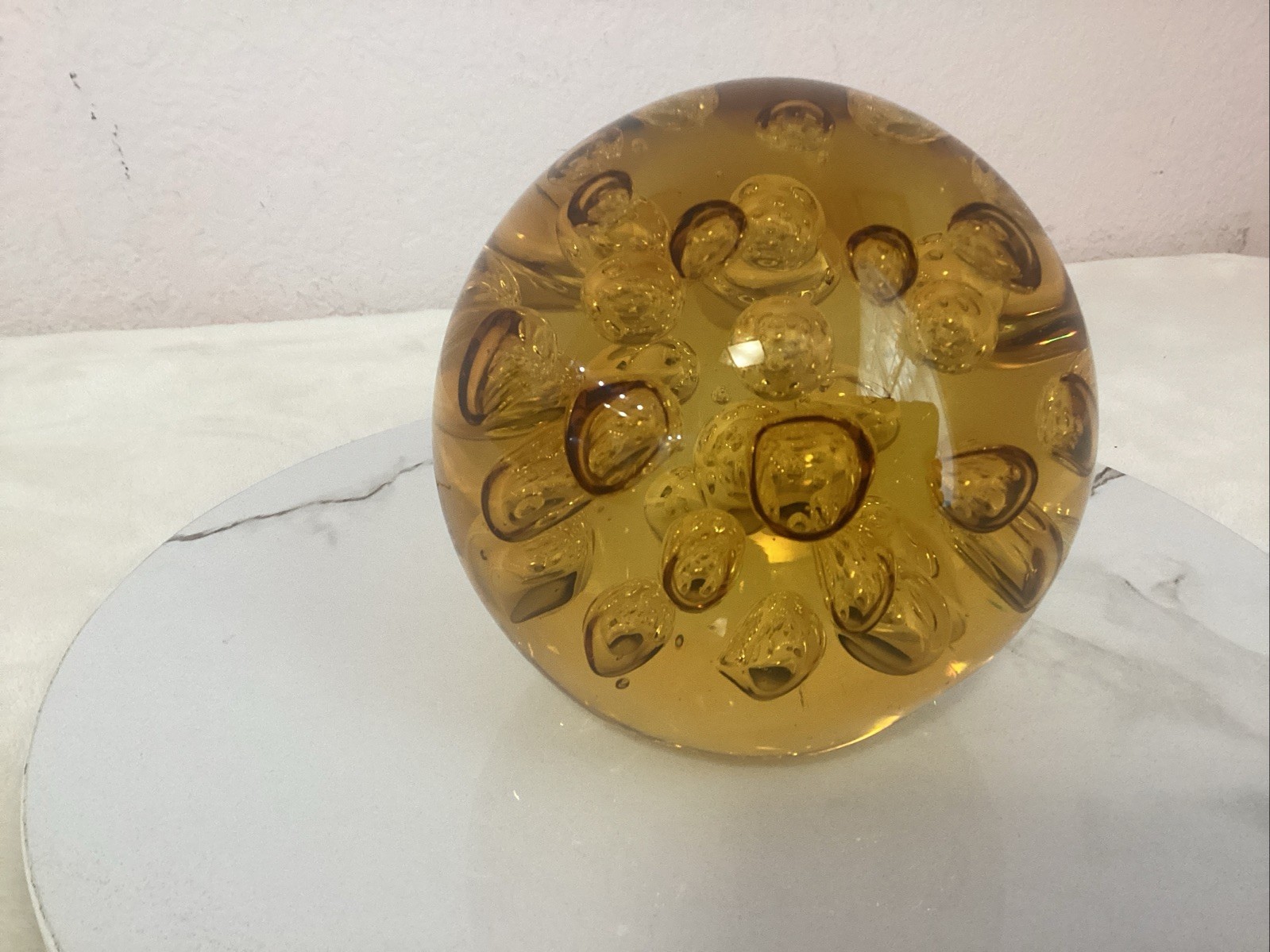 VTG 5” Murano Amber Art Glass Sphere Ball Paperweight Controlled Bubbles 4 lbs