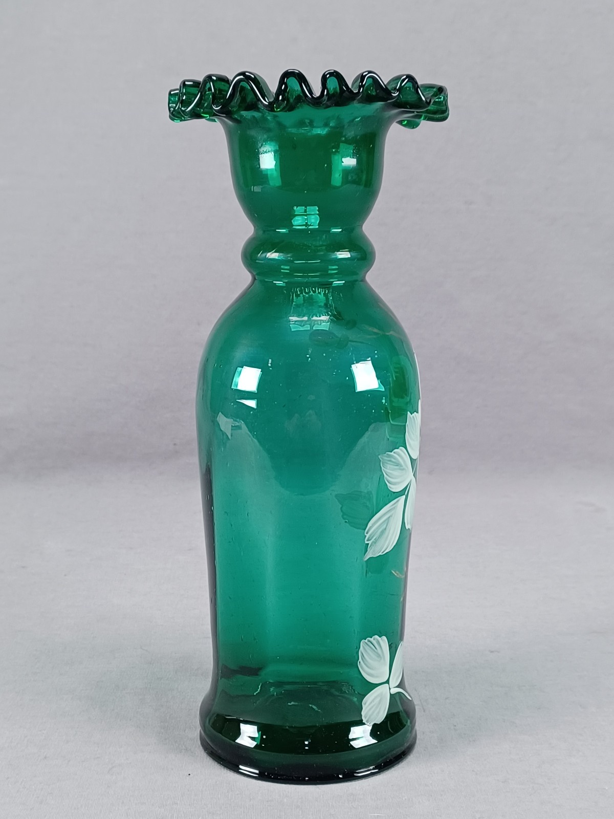 Antique Bohemian Enameled Orange & White Rose Green Glass 8 1/4 Inch Vase