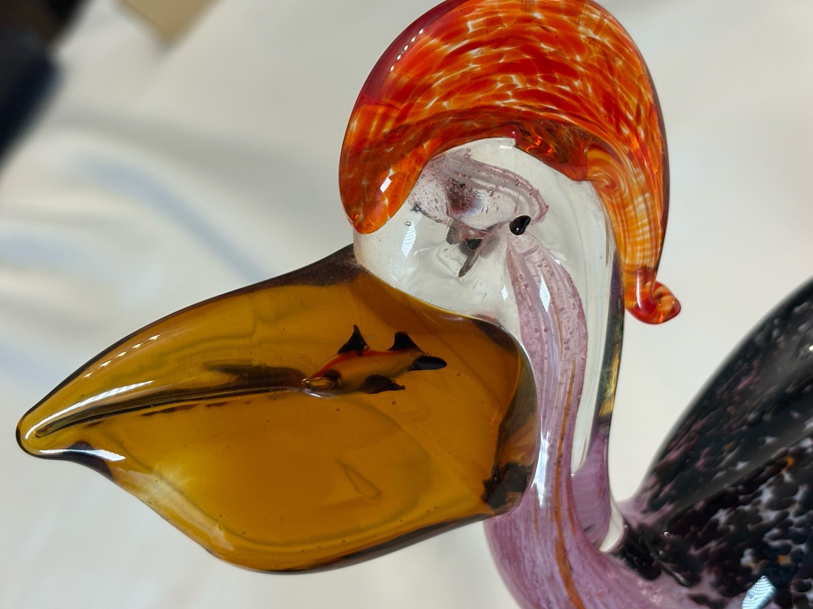 Art Glass Pelican Bird with Fish in Mouth Beak Sculpture Figurine * Hand blown