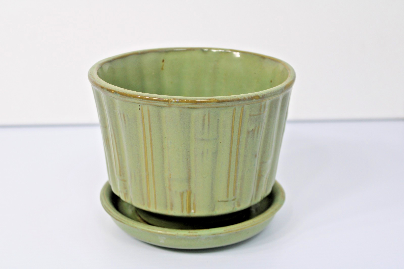 Vintage McCoy Pottery Green Faux Bamboo/ Tiki 6.5″ Planter w/ Saucer #0374 USA