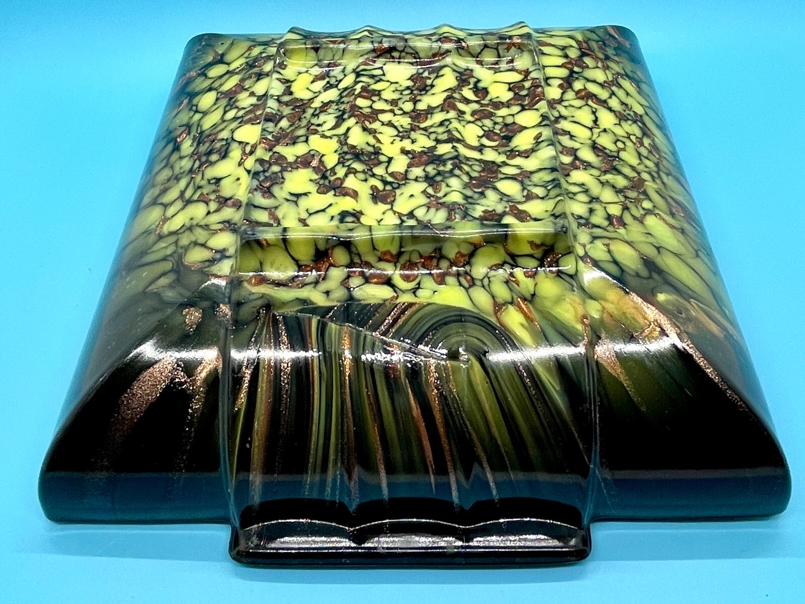 Vtg Murano Vincenzo Nason Weil Ashtray Glass Black Gold Green Aventurine 8″ Nice