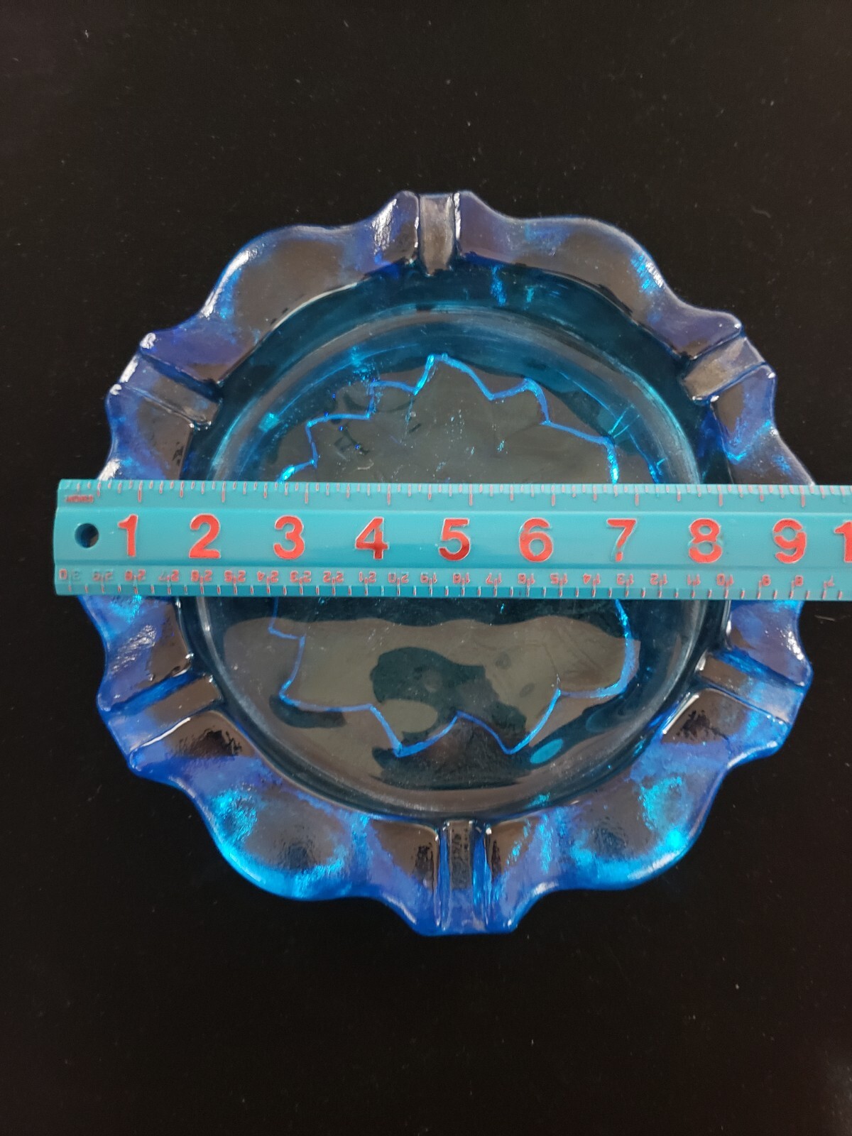 Vintage Heavy Blue Indiana Glass Ashtray Floral Bottom Tiara Lotus 4.6 lb 9.5 in