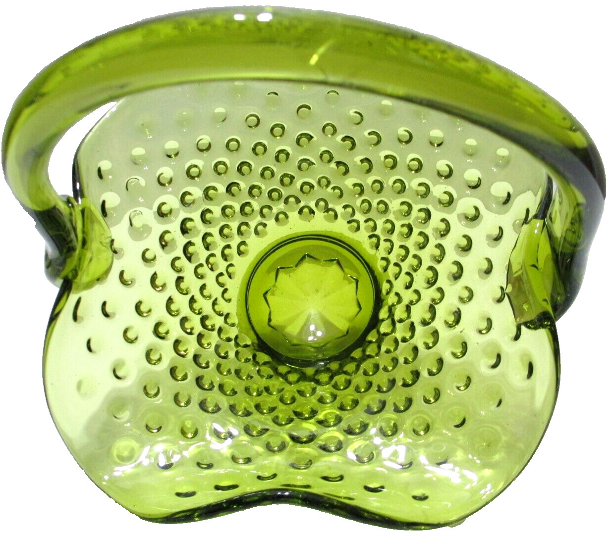 Vintage Empoli Glass Basket Hobnail Green Handmade in Italy 7 5/8″ Tall