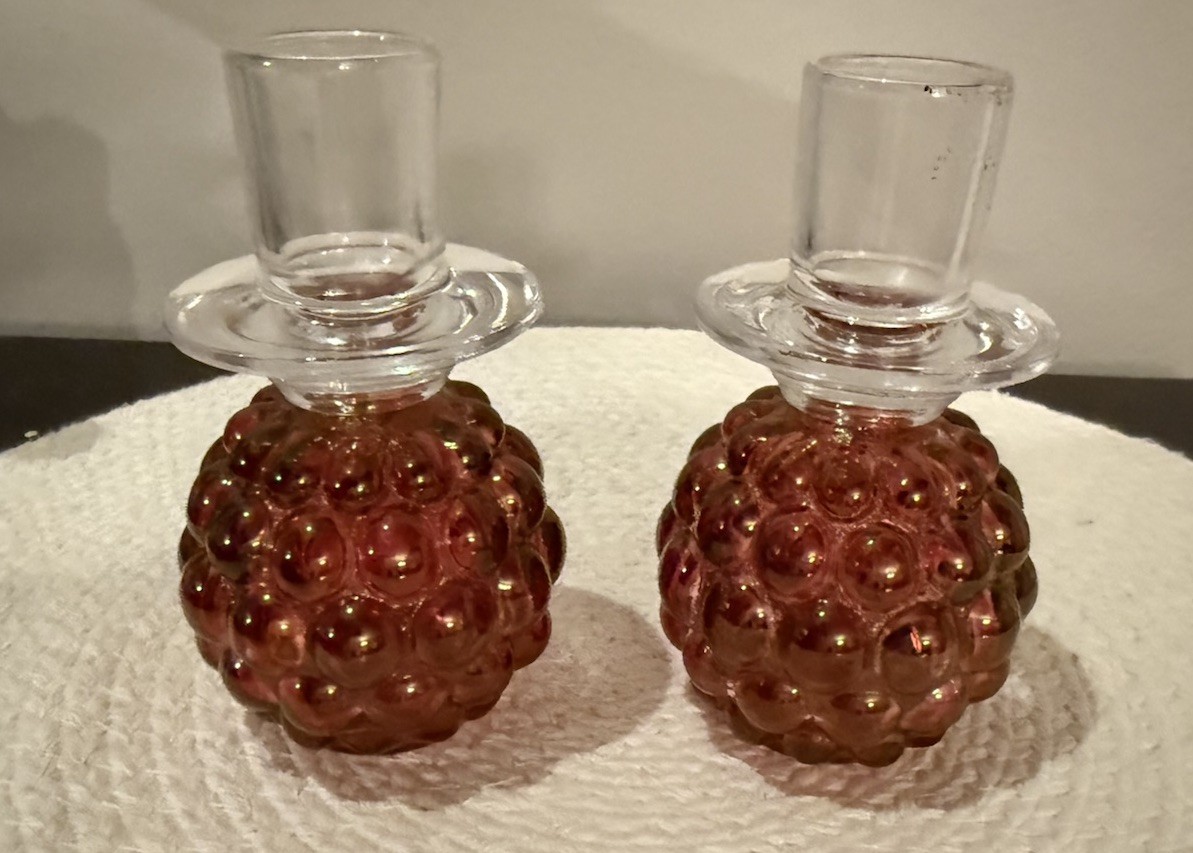 Unknown Vintage Candlestick Candle Holders Cranberry Opalescent Hobnail Pair