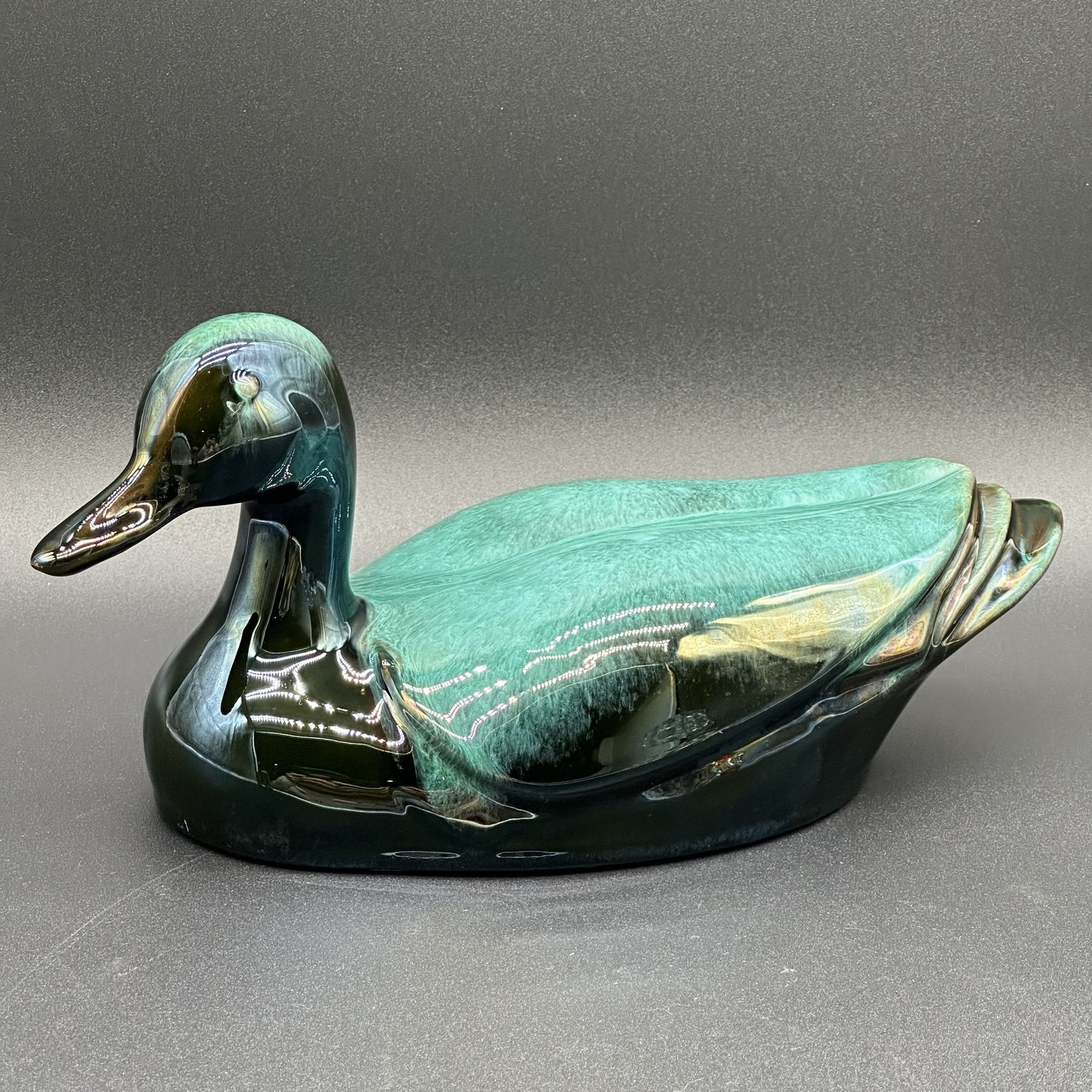 Blue Mountain Pottery Mallard Duck Figurine MCM Blue Black Drip Glaze Canada BMP