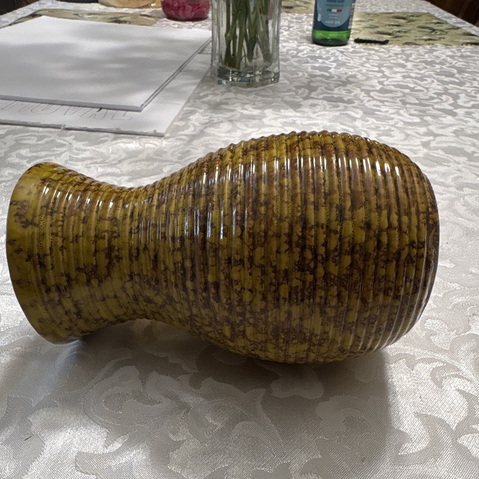 Yellow Brown Speckled Ribbed Textured Ceramic Vase, Glossy Finish
