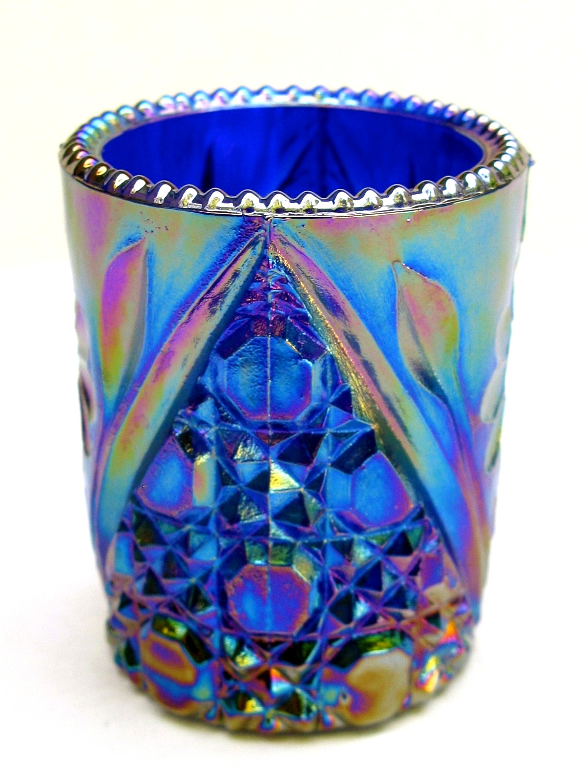 VINTAGE JOE ST CLAIR COBALT BLUE IRIDESCENT CARNIVAL GLASS TOOTHPICK HOLDER