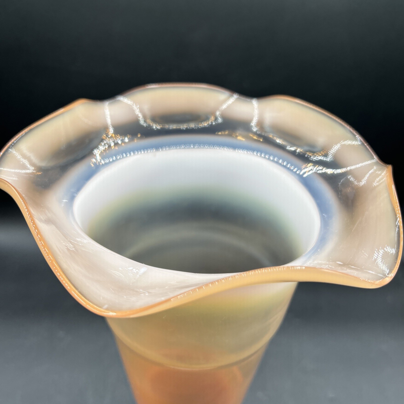 Altaglass Hand Blown Ruffled Edge Vase Peach White Opalescent Slag, Tall