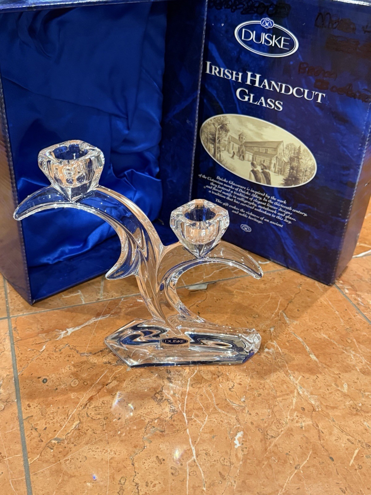 DUISKE IRISH HANDCUT CRYSTAL ART GLASS 6.75″ DOUBLE MOON CANDLE HOLDER 71202 NEW
