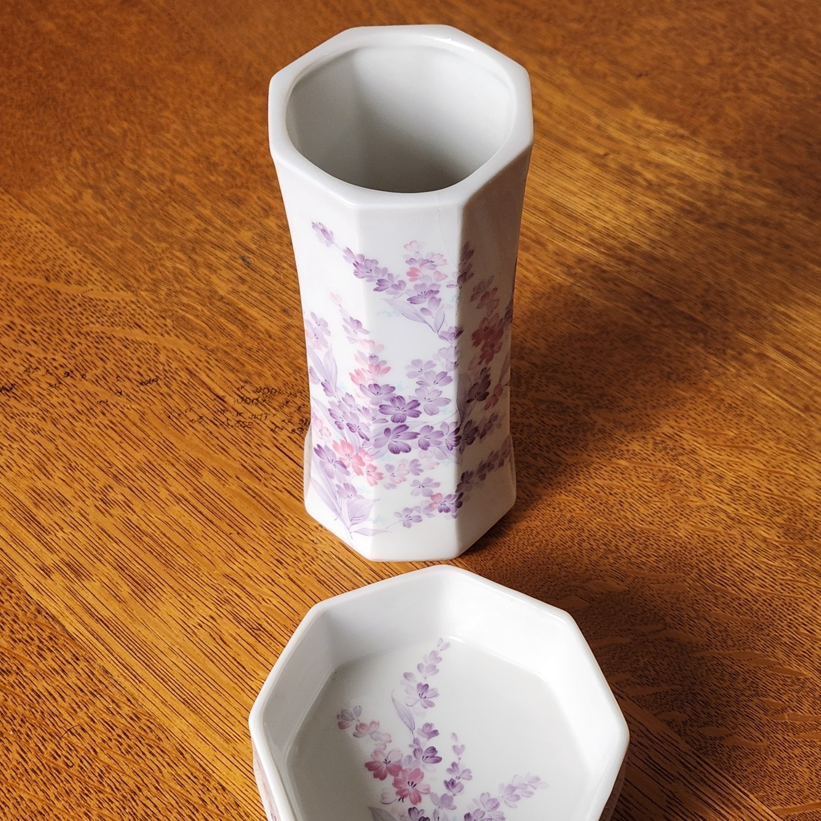 Vtg Set Irice White Porcelain Lavender & Pink Floral Trinket Dish & Vase Japan
