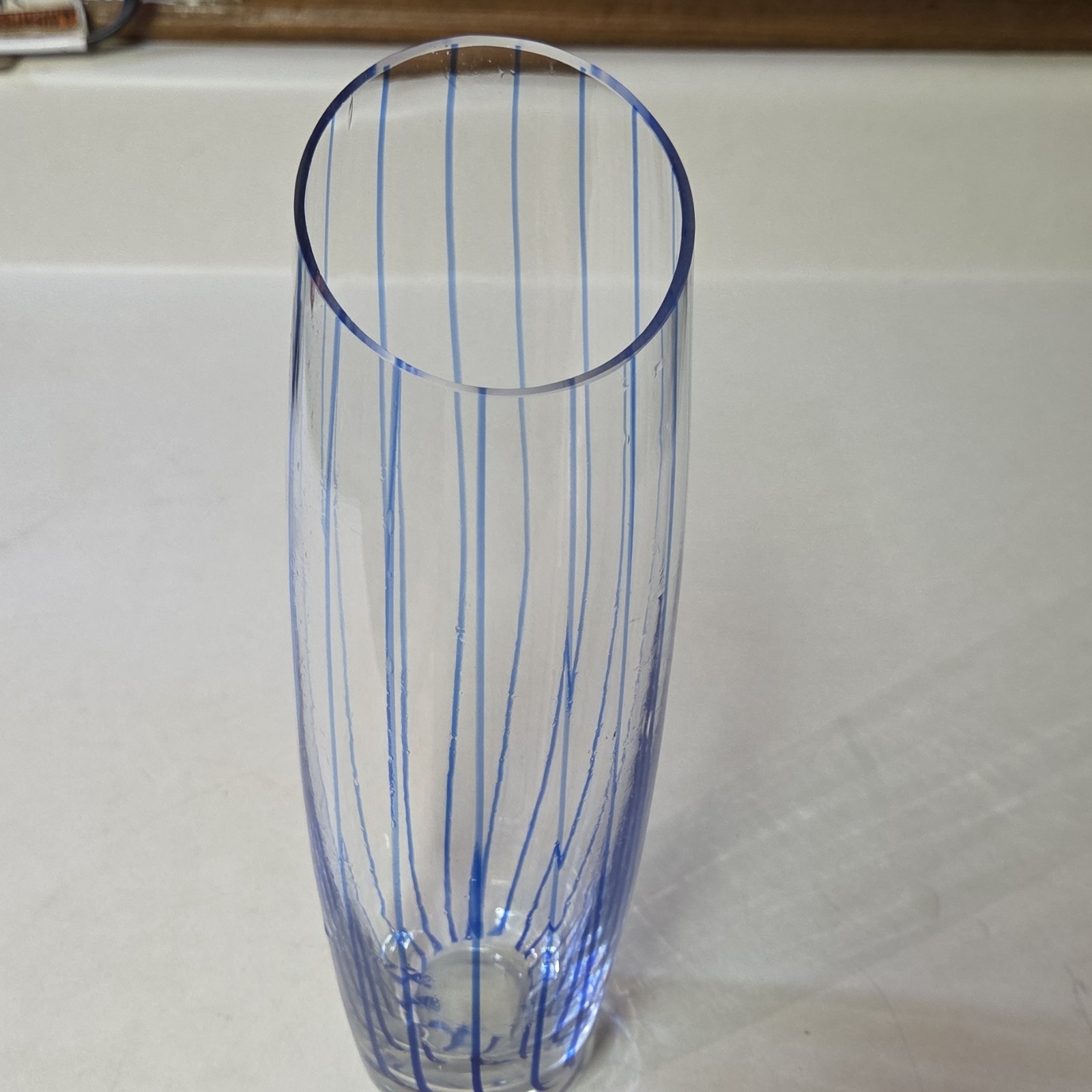 Clear and Blue Glass Vase Striped Art Glass Decorative Glossy Finish