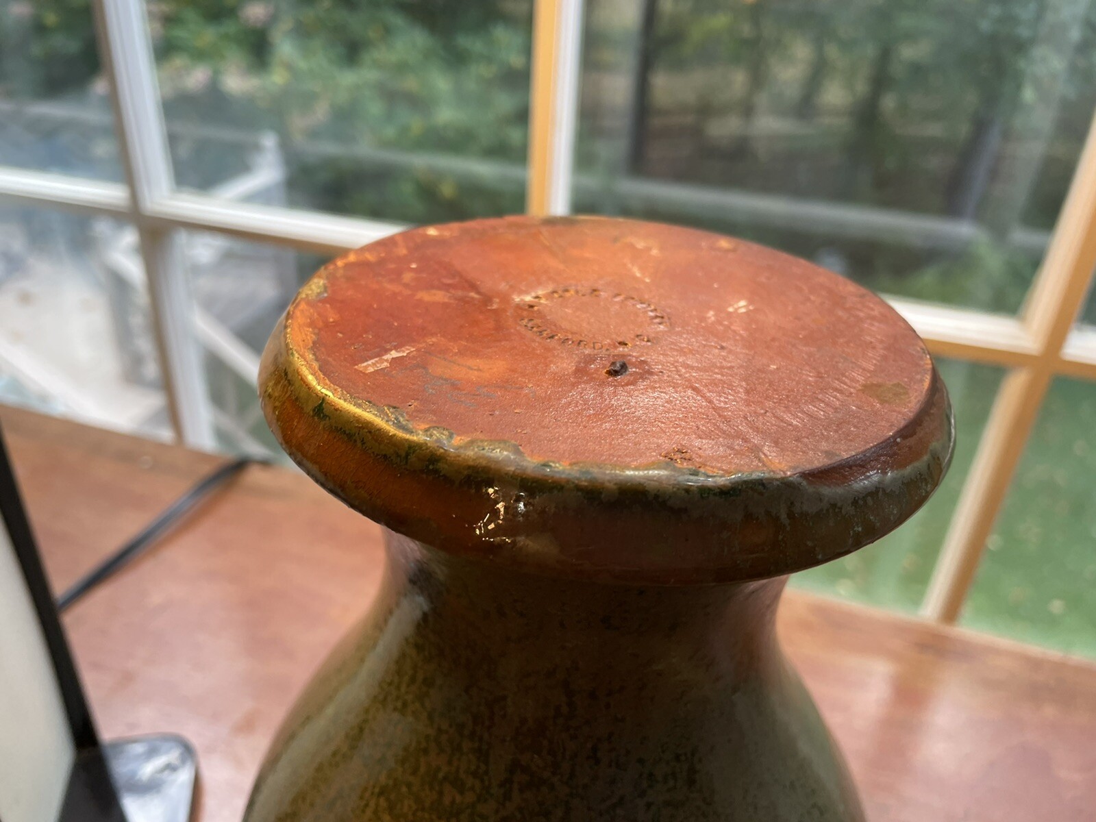 Vintage N. Carolina Pottery A. R. Cole Green Rutile Glaze Vase Handles 10 1/4 “