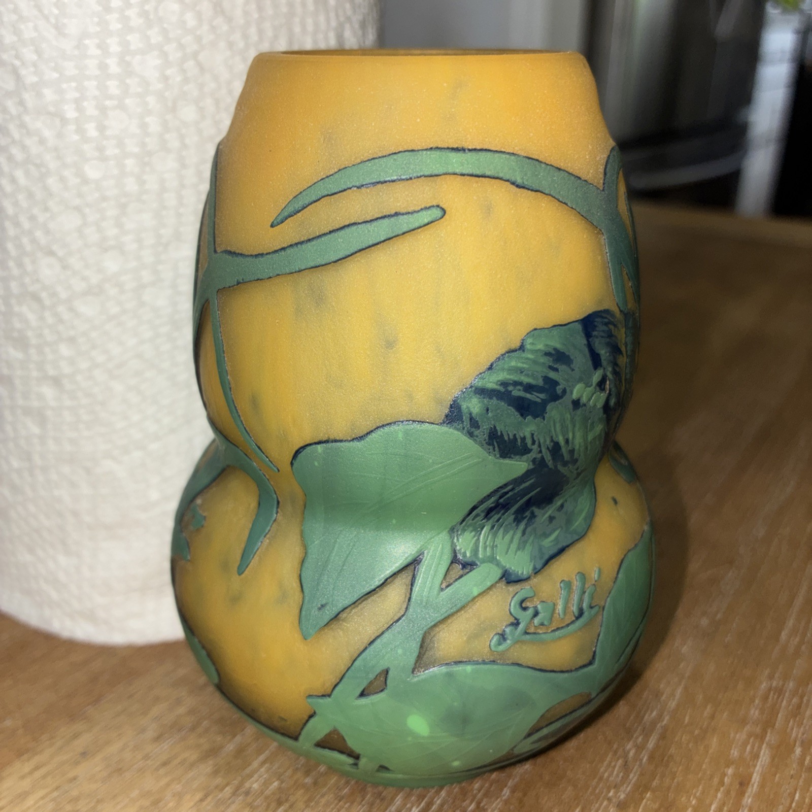 “Signed Gallé Style Cameo Glass Vase Yellow Green Floral Art Glass”