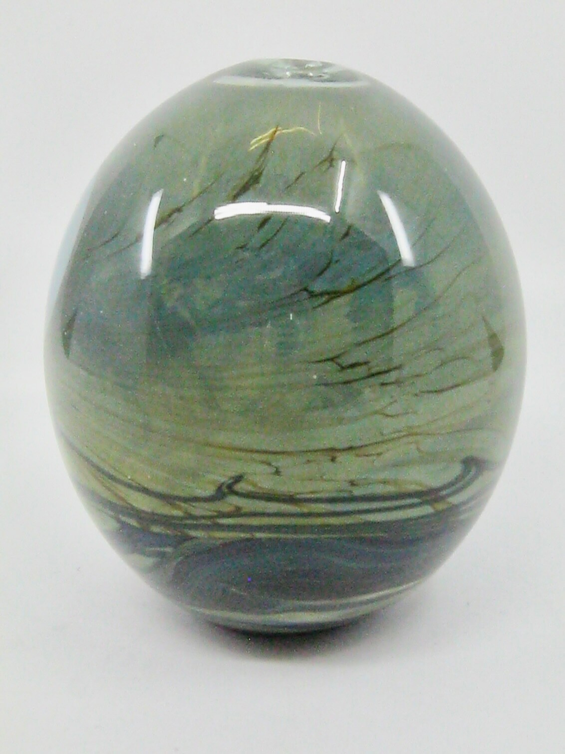 John Lewis Studio Art Glass Moon Bottle 1974 Green Glossy Signed 4.5″ Tall